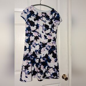 Blue white and pink flowered slip on dress with cap Sleeves